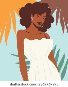 Beautiful Abstract Afro American woman in fashion white dress. Pastel Tropical leaves background. Modern minimalist glamour female portrait with nature jungle pattern. Vector illustration