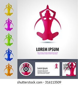Beautiful abstract amazing meditation woman in lotus position vector logo design template set