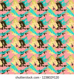 Beautiful abstract art vector seamless pattern golden, blue, green, turquoise and brown intricate outlines on a pink background  for bedding, textile, wallpaper, wrapping, cover page, web site, card.