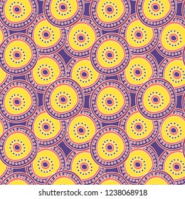 Beautiful abstract art vector seamless pattern yellow and purple circles layering on each other for desing, textile, wallpaper, wrapping, cover page, web site, card, business banner, ceramic tiles.