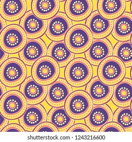 Beautiful abstract art vector seamless pattern hand drawn yellow and purple circles. Background for desing, textile, wallpaper, wrapping, cover page, web site, card, business banner, ceramic tiles.