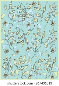 beautiful abstract background with branches with leaves and flowers on a turquoise background