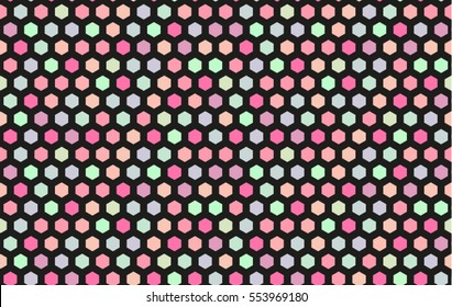 Beautiful abstract background bright and colorful, repeating colored hexagon in black backdrop. Seamless polka dots pattern. Colors: pink, fuchsia, blue, green, apricot, orange, light purple, violet. 