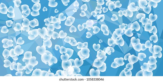 Beautiful abstract background with flying transparent hearts. Horizontal banner, texture, flyer, layout, postcard. Vector clip art.