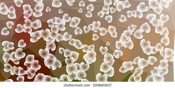 Beautiful abstract background with flying transparent hearts. Horizontal banner, texture, flyer, layout, postcard. Vector clip art.
