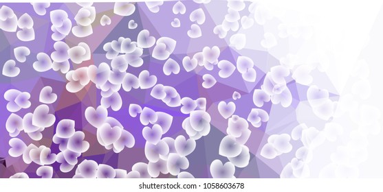 Beautiful abstract background with flying transparent hearts. Horizontal banner, texture, flyer, layout, postcard. Vector clip art.