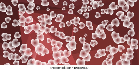 Beautiful abstract background with flying transparent hearts. Horizontal banner, texture, flyer, layout, postcard. Vector clip art.