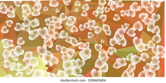 Beautiful abstract background with flying transparent hearts. Horizontal banner, texture, flyer, layout, postcard. Vector clip art.