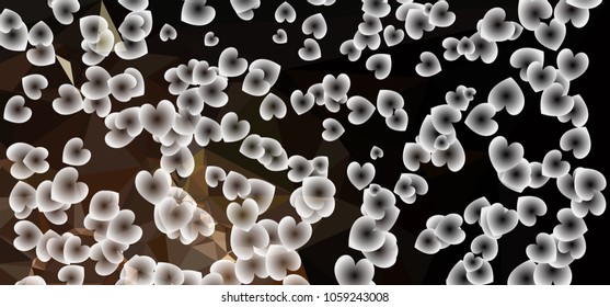 Beautiful abstract background with flying transparent hearts. Horizontal banner, texture, flyer, layout, postcard. Vector clip art.