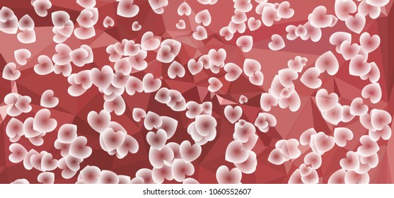 Beautiful abstract background with flying transparent hearts. Horizontal banner, texture, flyer, layout, postcard. Vector clip art.