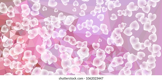 Beautiful abstract background with flying transparent hearts. Horizontal banner, texture, flyer, layout, postcard. Vector clip art.