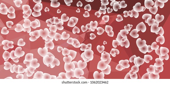 Beautiful abstract background with flying transparent hearts. Horizontal banner, texture, flyer, layout, postcard. Vector clip art.