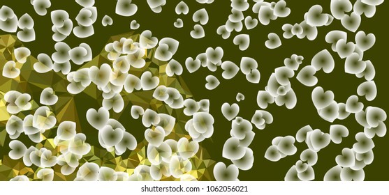 Beautiful abstract background with flying transparent hearts. Horizontal banner, texture, flyer, layout, postcard. Vector clip art.