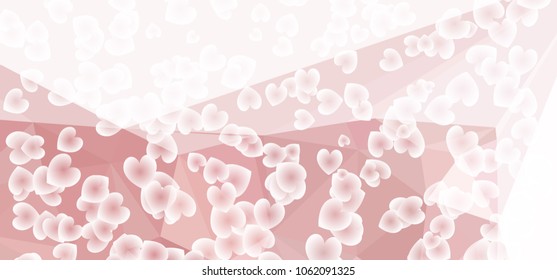 Beautiful abstract background with flying transparent hearts. Horizontal banner, texture, flyer, layout, postcard. Vector clip art.