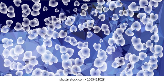 Beautiful abstract background with flying transparent hearts. Horizontal banner, texture, flyer, layout, postcard. Vector clip art.