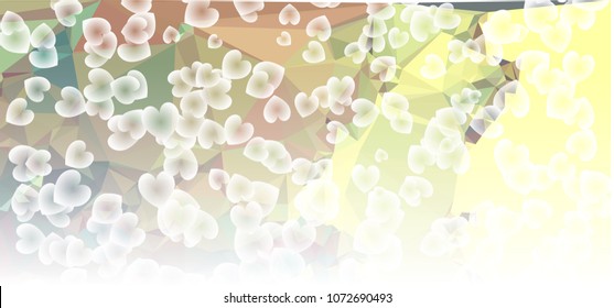 Beautiful abstract background with flying transparent hearts. Horizontal banner, texture, flyer, layout, postcard. Vector clip art.
