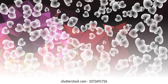 Beautiful abstract background with flying transparent hearts. Horizontal banner, texture, flyer, layout, postcard. Vector clip art.