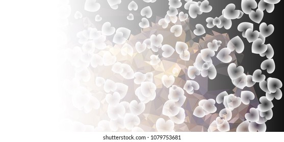 Beautiful abstract background with flying transparent hearts. Horizontal banner, texture, flyer, layout, postcard. Vector clip art.