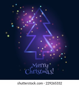 Beautiful abstract background with glowing holiday tree and sparkles on dark blue background