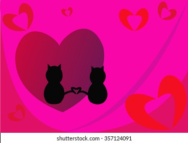 Beautiful abstract background with red hearts and two cats