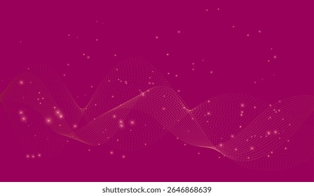 Schöner abstrakter Hintergrund, der zarte goldene Wellenlinien und leuchtende Teilchen auf einer lebendigen magentafarbenen Kulisse zeigt. Die fließenden Kurven und glitzernden Punkte schaffen ein Gefühl von Eleganz, Modernität.
