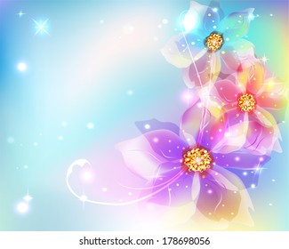 beautiful abstract background with soft bright flowers glowing stars and sparks
