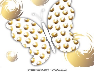 Beautiful abstract background with white butterfly silhouette on a white background. Creative design of the wings, bright brush strokes of gold color. Vector illustration