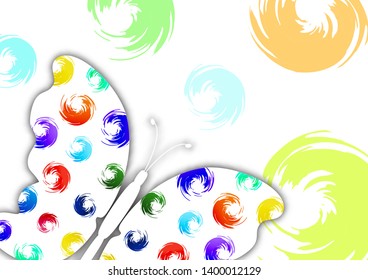 Beautiful abstract background with white butterfly silhouette on a white background. Creative design of the wings, bright multi-color brush strokes. Vector illustration