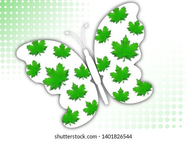 Beautiful abstract background with white butterfly silhouette on a white background with a halftone element. Creative design of the wings, green leaves of maple. Vector illustration