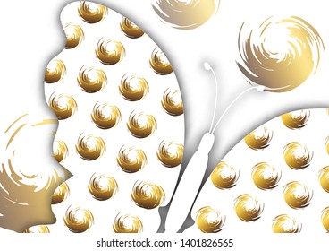 Beautiful abstract background with white butterfly silhouette on a white background. Creative design of the wings, bright brush strokes of gold color. Vector illustration
