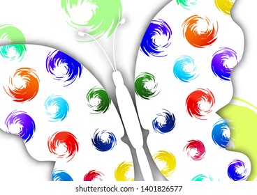 Beautiful abstract background with white butterfly silhouette on a white background. Creative design of the wings, bright multi-color brush strokes. Vector illustration