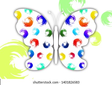Beautiful abstract background with white butterfly silhouette on a white background. Creative design of the wings, bright multi-color brush strokes. Vector illustration