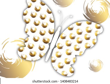 Beautiful abstract background with white butterfly silhouette on a white background. Creative design of the wings, bright brush strokes of gold color. Vector illustration