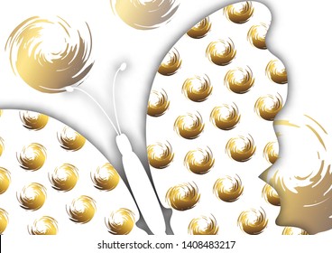 Beautiful abstract background with white butterfly silhouette on a white background. Creative design of the wings, bright brush strokes of gold color. Vector illustration