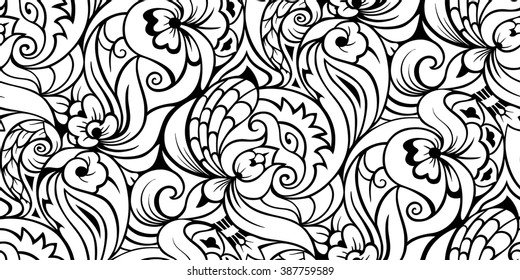 beautiful abstract black-white seamless. Floral and geometric elements. Zentangle style. Pattern for T-shirt, prints, coloring