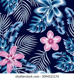 beautiful abstract blue pink in monochromatic style hibiscus flowers seamless pattern with banana monstera palm leaves and plant foliage on night background. Exotic Floral background. Summer themed