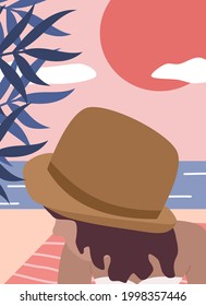 beautiful abstract boho female at the beach modern trendy vector poster illustration	