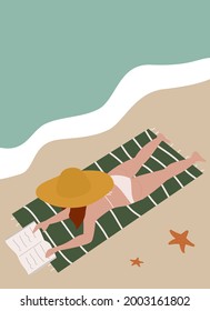 beautiful abstract boho female at the beach modern trendy vector poster illustration	