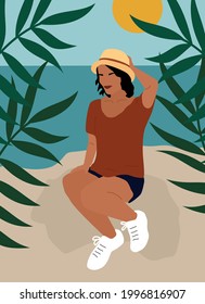 beautiful abstract boho female at the sea modern trendy vector poster illustration	