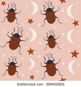 Beautiful abstract boho seamless vector pattern background illustration with hand drawn beetles, moon and stars
