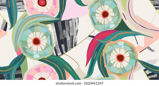 Beautiful abstract botanical pattern. Dynamic hand drawn print. Fashionable template for design. 