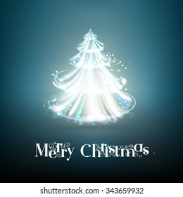 Beautiful abstract christmas tree over blue background. Holiday background with glow fir tree in style of glass over dark background.