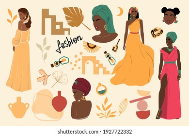 Beautiful abstract collection of African American women. Vector illustration isolated. Portrait of girls for avatars in spring-autumn outfit. Abstract beauty elements