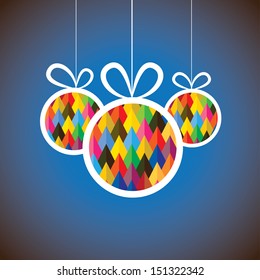 Beautiful abstract colorful Christmas balls- vector graphic. This illustration shows three hanging balls decorated on xmas ( feliz navidad ) eve on blue background 