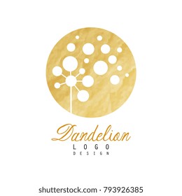 Beautiful abstract dandelion logo. Gentle golden texture. Organic product badge. Original vector design for advertising flyer of beauty salon or spa center