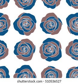 Beautiful abstract decorative rose flowers on white in blue and brown colors. Vector watercolor seamless pattern.