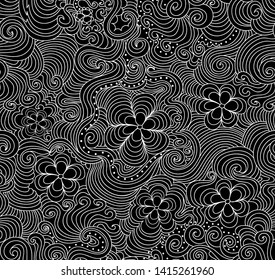 Beautiful abstract decorative vector seamless pattern with hand drawn flowers and figured ornaments