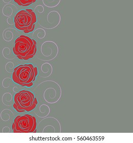 Beautiful abstract decorative vertical rose flowers in gray, neutral and red colors with copy space (place for your text). Vector watercolor seamless pattern.