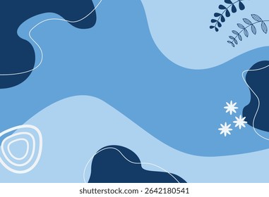 Beautiful abstract design featuring organic shapes in shades of blue and decorative leaf accents, creating a modern and minimalistic aesthetic suitable for various creative and decorative projects.