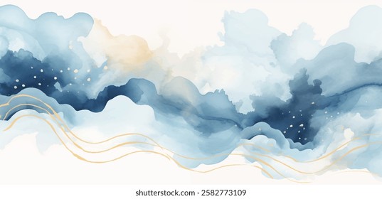 A beautiful abstract design showcases soft waves of blue and gold, evoking tranquility and artistic inspiration in a dreamy setting, artistic watercolor illustration